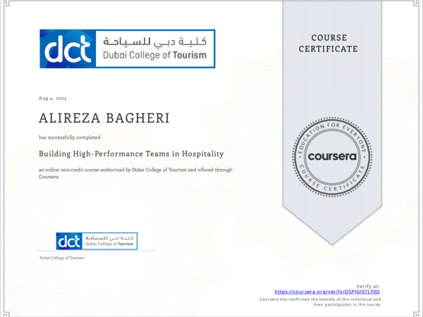 ALIREZA ARIYA - ALIREZA BAGHERI - Building High-Performance Teams in Hospitality- Coursera O5PJGJ07LT0D