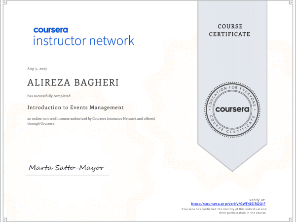 ALIREZA ARIYA - ALIREZA BAGHERI - Introduction to Events Management - Coursera GWF4ISIRDOJF