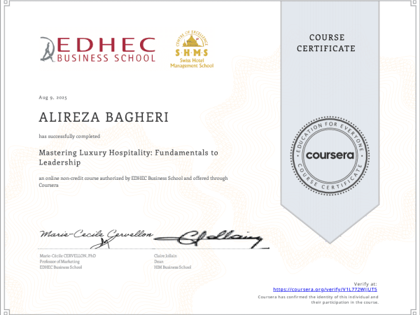 ALIREZA ARIYA - ALIREZA BAGHERI - Mastering Luxury Hospitality- Fundamentals to Leadership- Coursera V1L772WJJUT5