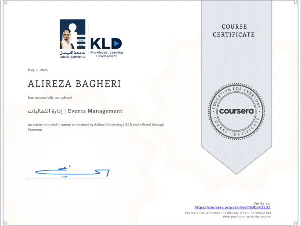 ALIREZA ARIYA - ALIREZA BAGHERI - إدارة الفعاليات Events Management - Coursera BJT63D3XO2DZ